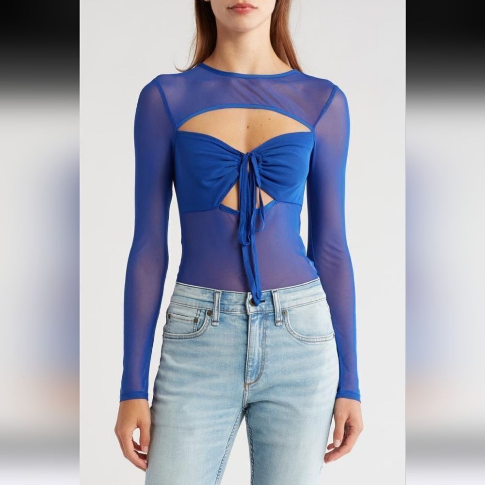 Topshop Cutout Detail Long Sleeve Mesh Top NWT Size Medium/8 Blue